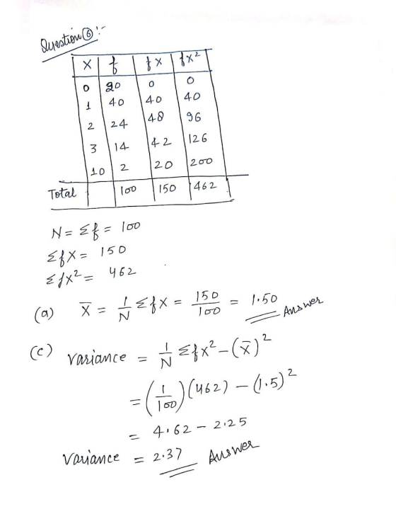 :- Question 020 o Total 100 N= Ef= 100 EfX= 150 {fx² = 462 . f x = 120 = 1.50 - Answer (c) variance = * =*x-(8)? = (16) (462)