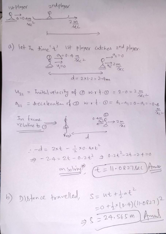 1st player - 2nd player lazoam 2 nec m sec a) let In time t 1st player catches and player. O q=0.4m q=0 ca sec d=2x12= 2.4m U