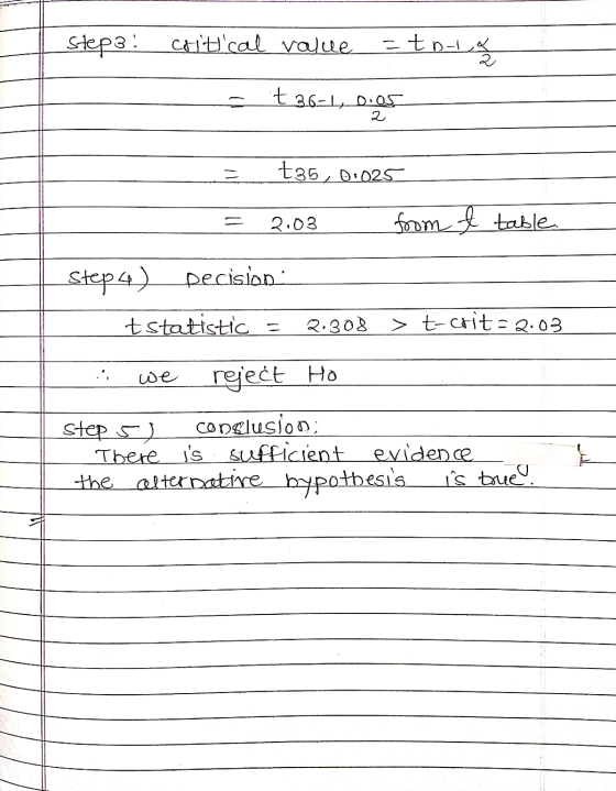 Step3: critical value =tola 2 t 36-1, 0.05 t35, 0.025 = 2.03 from t table. Step 4) Decision t statistic = 2.308 > t-crit= 2.0