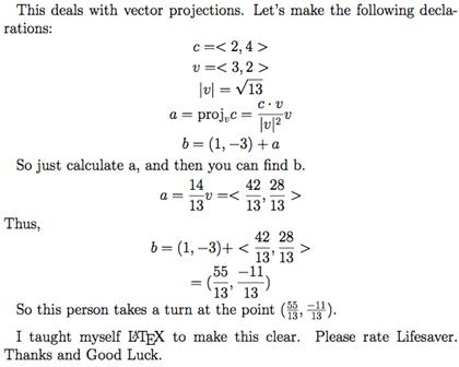 This deals with vector projections. Lets make the following decla- rations: c < 2,4> U< 3,2 > C v So just calculate a, and t