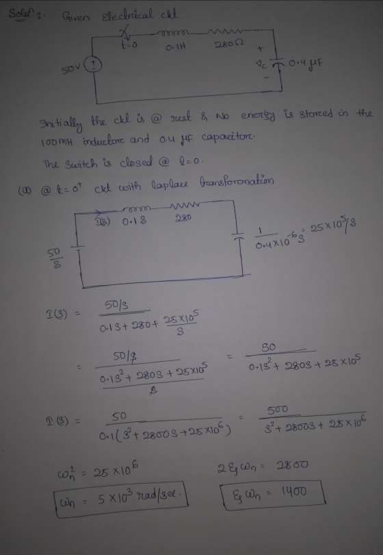 Sole : Given Electrical ckt m t=0 o.lt 28012 sov ② е по-чру Initially the ckl is @ rest & No energy is stored in the 100 ml i
