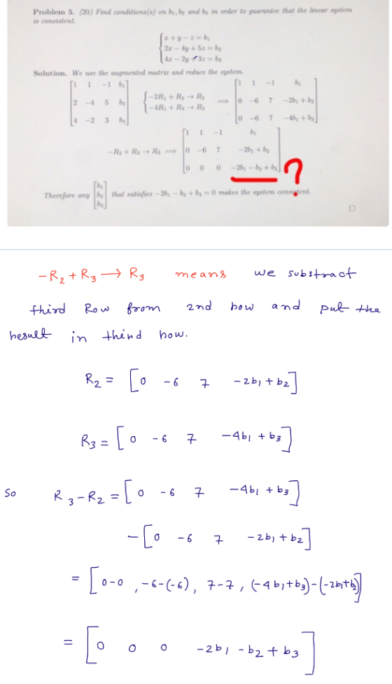 Problem 5. (20) Find conditions (s) on b,ba and by in order to guarantee that the lincar system is consistent z+y-z=b 2r-4y+5