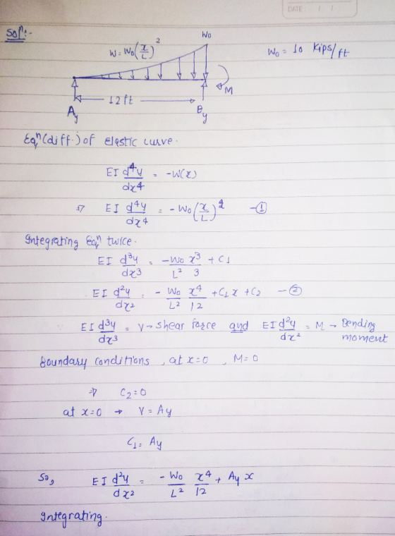 DATE Wo W: wo (2) Wo so kips/ft --- 12 ft ff.) of Elastic curve. EI dty = -W(2) dx4 47 EI day = - Wo (2) 2 - dz4 Integrating