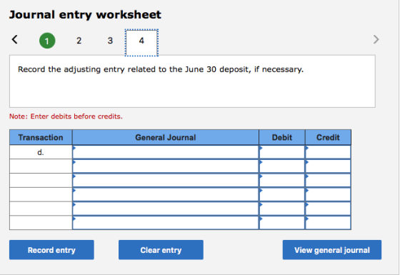 Journal entry worksheet Record the adjusting entry related to the June 30 deposit, if necessary. Note: Enter debits before cr
