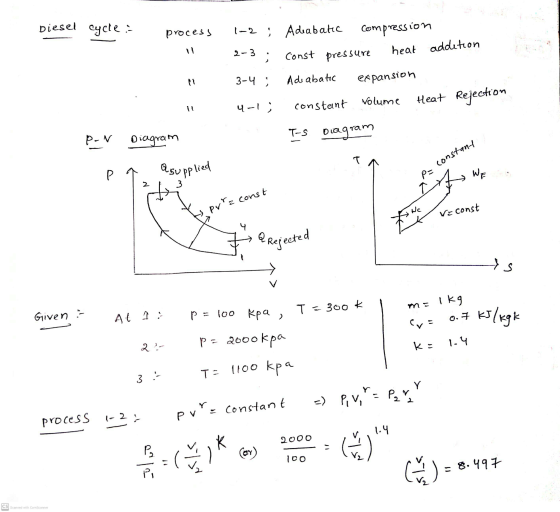 Diesel cycle : process 1-2 ; Adiabatic compression 2-3; const pressure heat addition 3-4 Adiabatic expansion constant Volum