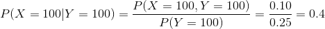 P(X=100|Y=100) = \frac{P(X=100,Y=100)}{P(Y=100)} = \frac{0.10}{0.25} = 0.4