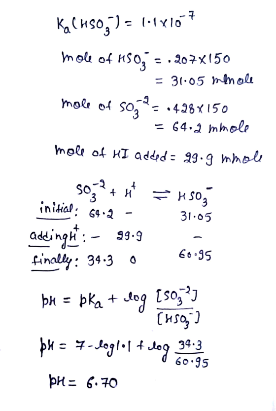 Kal H903) = 1-18107 mole of HSO3 = . 207x150 = 31.05 menole mole of 50 = 0428x150 = 64.2 mmole mole of HI added= 29.9 mmole s