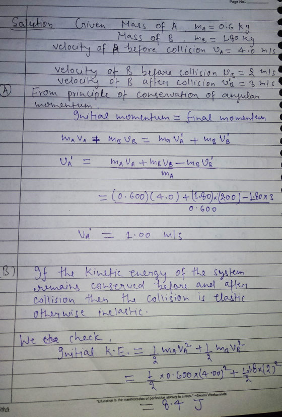 Page No - Solution Given Mass of A MA= 0.6 kg Mass mo= 1.80 kg I velocity of a before collision UA= 4.0 m/s. - Velocity of B