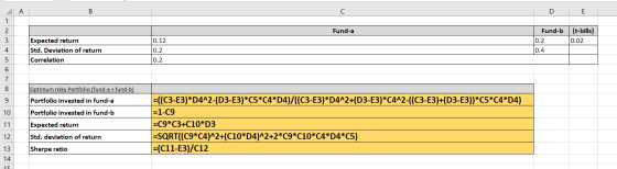 A В C E (t-bills) 0.02 Fund-a Fund-b 0.2 0.4 Expected return 0.12 0.2 Std. Deviation of return Correlation 0.2 Optimum risky