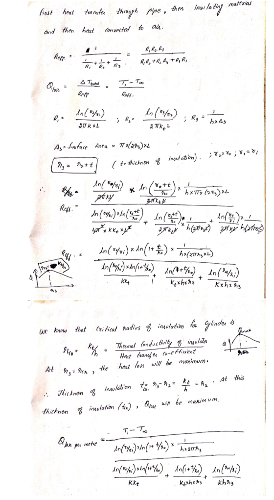 matinal insulating first heat 9 transfer through pipe, then ai. and then heat Convected to R, R₂ R3 Reff. + + ! R3 R, R₂ + R₂