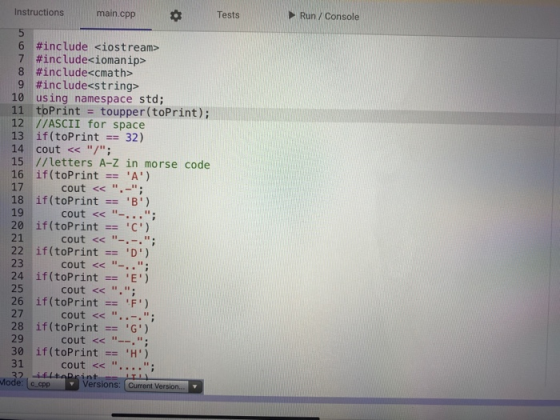 Instructions main.cpp Tests Run/Console 5 6 #include <iostream> 7 #include<iomanip> 8 #include<cmath> 9 #include<string> 10 u