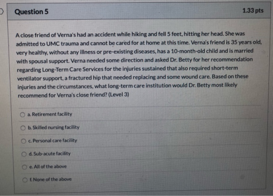 1.33 pts Question 5 A close friend of Vernas had an accident while hiking and fell 5 feet, hitting her head. She was admitte