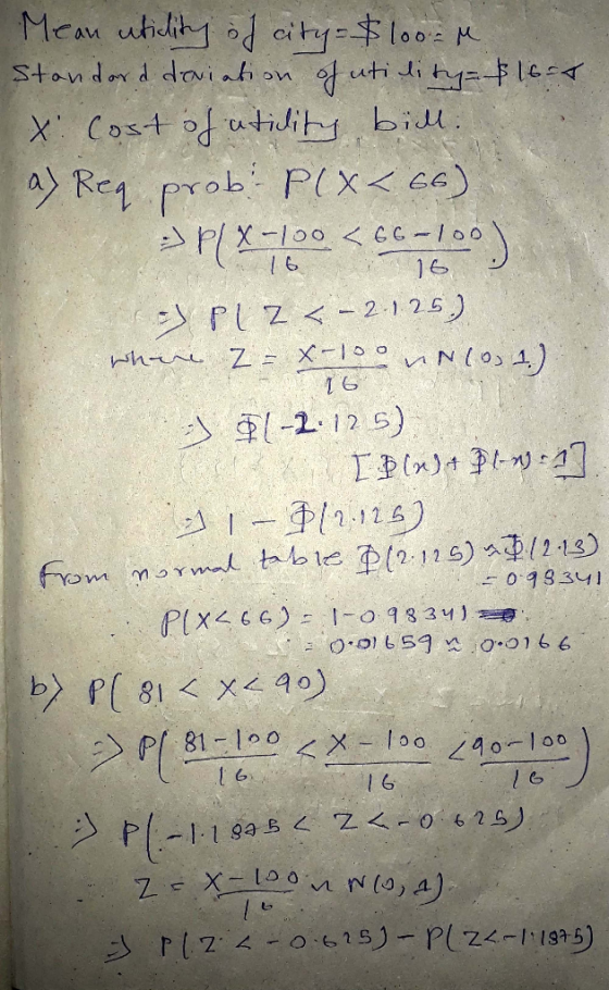16 Mean utility of city - $100- Standard deviation of utility 16.4 X Cost of utility bill. a) Req prob: P(x266) => pl X-100 <