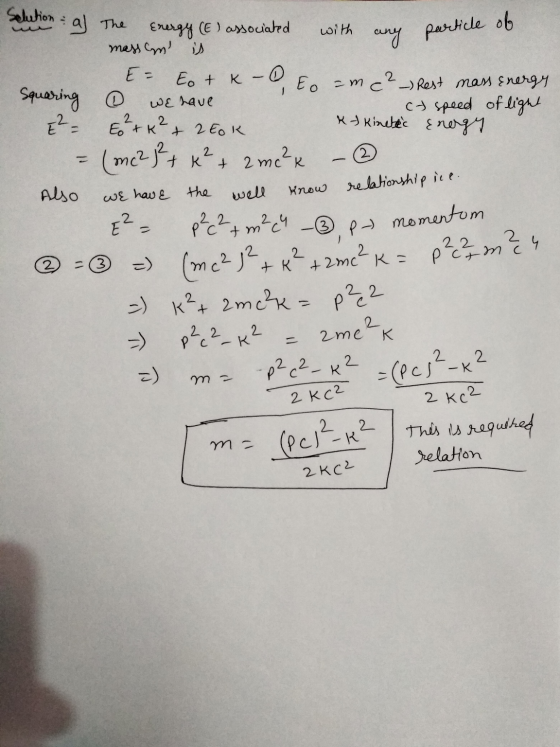 with any particle of We have Selution al The Energy (E) associated mass an! E = Ep + K - E Eo am c²_) Rest mass Energy Squari