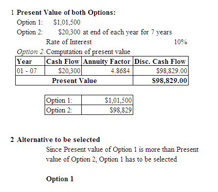 1 Present Value of both Options: Option 1: $1,01,500 Option 2: $20,300 at end of each year for 7 years Rate of Interest 10% O