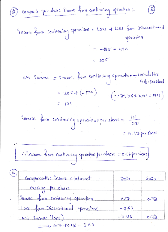 (2) compute per share Prcome from continuing operation : ② incom from continuing operation -= Loss + loss from Discomntinend