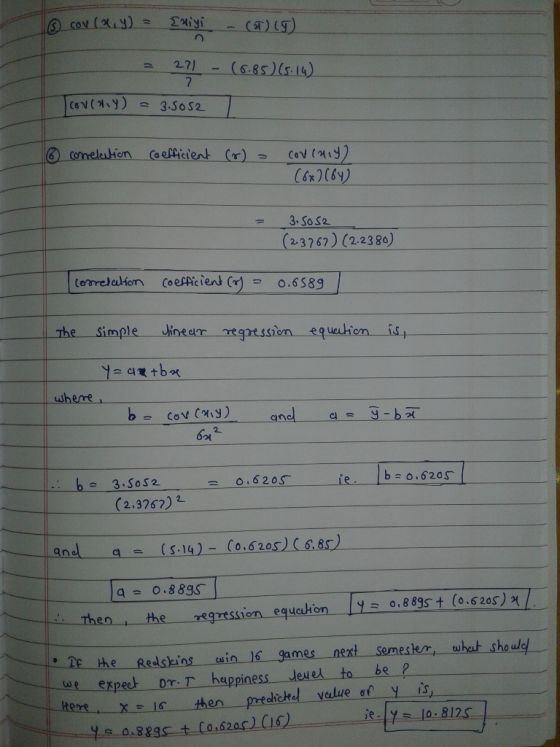LⓇ cov (29) e Criyi - (T) (I) = 271 (6.85) (5.14) CovchiY) = 3.5052 6 conrelation coefficient (r) = COUCH1y) (6x2 (64) = 3.50