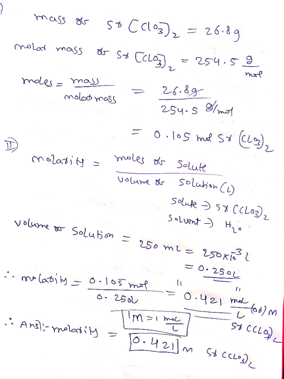 7 mass of so Cclo3)2 = 26.89 molar mass of so (CLO3 =254. 59 more moles= mass 1 molaomass = 26.8g 254.5 S/ mot = 0.105 mol so