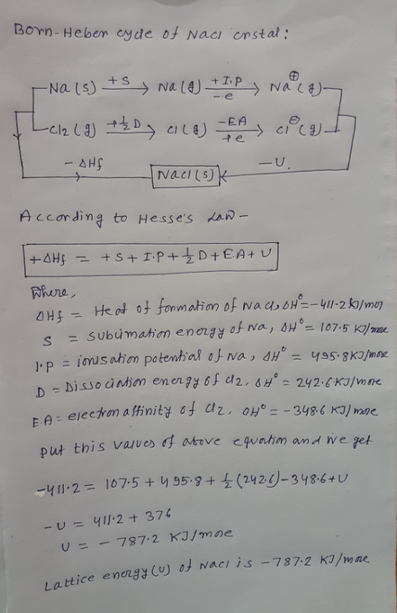 Lattice energy of naci is - 787.2 KI/mae fe -U. E-A= ejeefron affinity of U2, OH-348.6 KI) more Born-Heben cycle of Nach enst