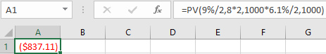 A1 x f =PV(9%/2,8*2,1000*6.1%/2, 1000) B C D E F G A 1 ($837.11)
