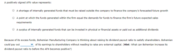 A positively signed AFN value represents: O A shortage of internally generated funds that must be raised outside the company
