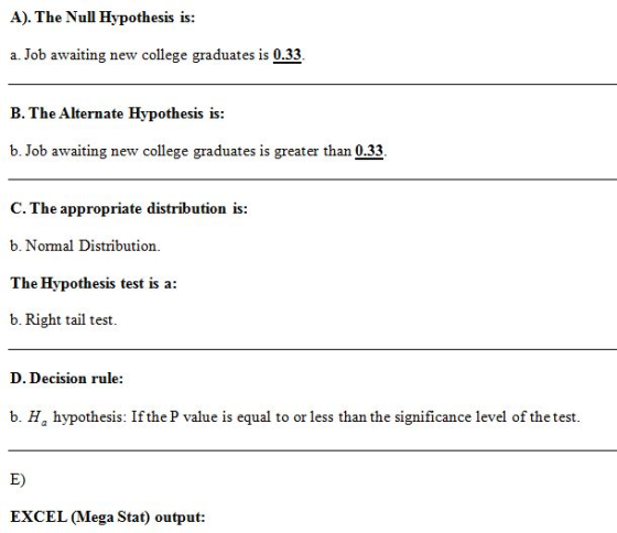 A). The Null Hypothesis is: a. Job awaiting new college graduates is 0.33. B. The Alternate Hypothesis is: b. Job awaiting ne