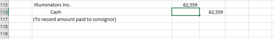 62,559 115 1161 illuminators Inc. Cash (To record amount paid to consignor) 62,559 117 118 119