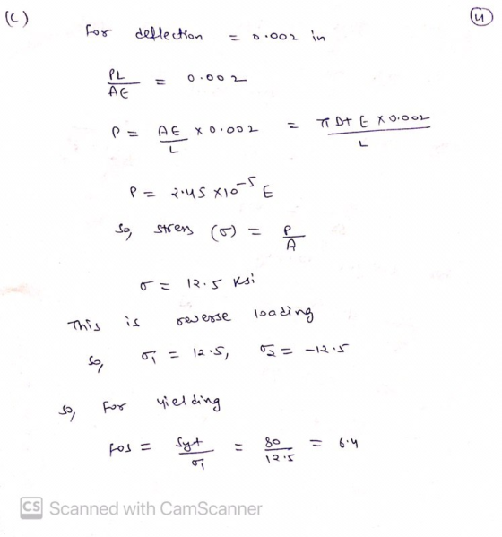 for deflection 0.002 in PL PL 0.002 TDT EX0.002 d Ae X 0:00 L P= 2.us lo sxiose So, stress (6) = de A 12.5 ksi loading This r