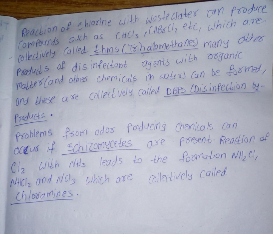 can produce Reaction of chlorine with waste water are. compounds such as CHOlze CHBr Cl, etc, which collectively called thms