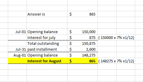 Answer is $ 865 Jul-01 Opening balance Interest for july Total outstanding Jul-31 paid installment Aug-01 Opening balance Int