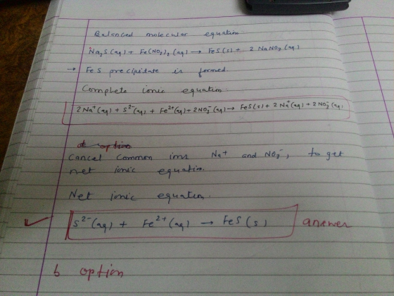 Balanced molecular equation Nags (aq) + Fe(NO₃)2 (aq) Fes(s) + 2 NaNO3 (aq). Fes precipitate is formed. Complete lonie equati