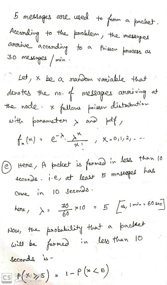 5 messages are used to form a packet. According to the problem, the messages arrive according to a Poisson process as 30 mess