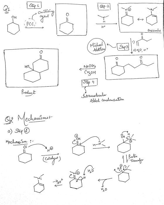 Step-2 Oxidising agent o 2- I H+ eneamine Michael Addition) 2) H₂O, Ht NaOCH₃ CH₃OH Step 4 Product Intramolecular Aldol conde