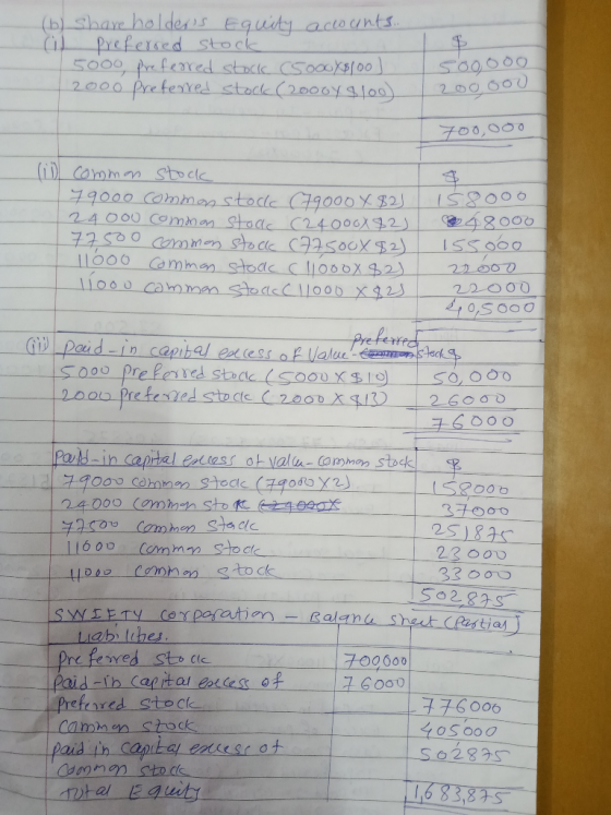 (b) Share holdess Equity aco unts. freferned stock 5000, prefeared stock (5000X8/00) 2000 preterred stock (2000y9/00). 500000