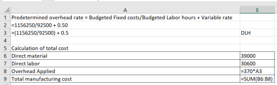 DLH 1 Predetermined overhead rate = Budgeted Fixed costs/Budgeted Labor hours + Variable rate 2 =1156250/92500 + 0.50 3 =(115