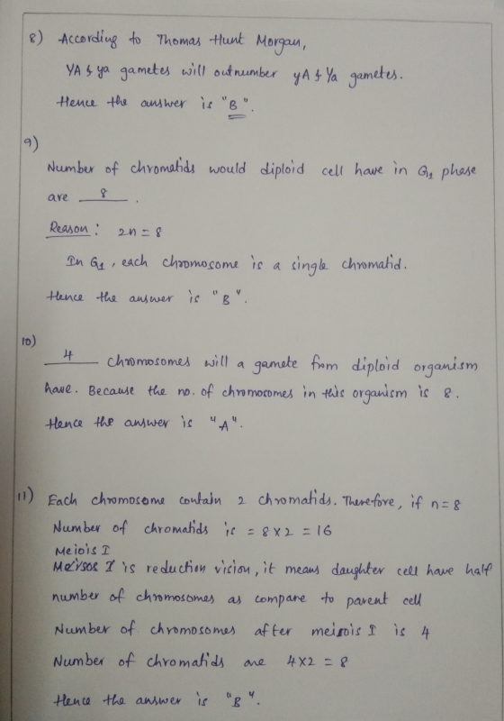 8) According to Thomas Hunt Morgan, YA & ya gametes will outnumber yA & Ya gametes. Hence the answer is B. Ga phase Number