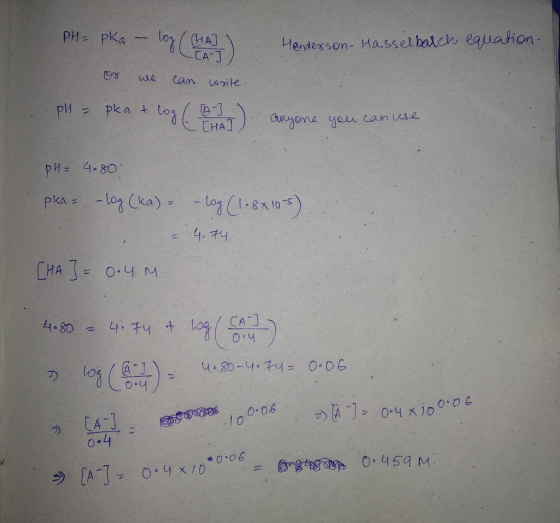 Henders son- Hasselbaluhw equahon CATJ anyone qou can use CHA pH= 9.80 (ka) [A-1. O.yx10s oi06.- ラ