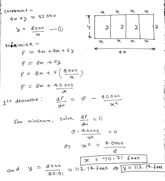 m x x x constraint- 4x xy = 32000 4 = 8000 x x x x a manimize- P =42+42 tsy 42 = + S P= 8x +5 (390) P = dret 40000 x ist deri