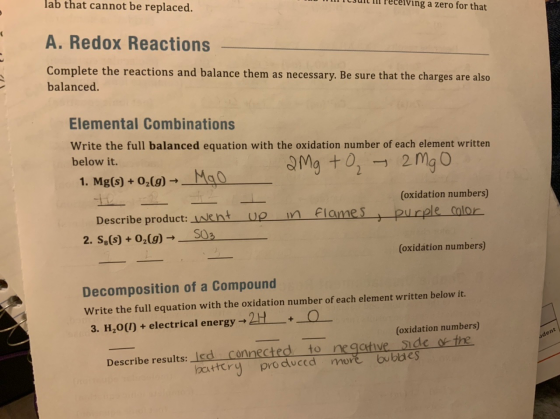 lab that cannot be replaced. TATTUJUIC III receiving a zero for that A. Redox Reactions Complete the reactions and balance th