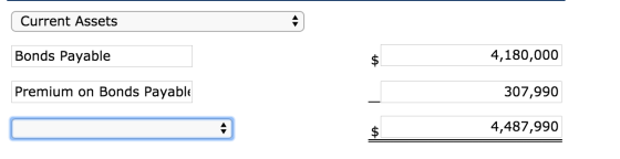 Current Assets Bonds Payable 4,180,000 Premium on Bonds Payable 307,990 4,487,990