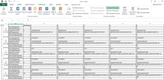 XJ 5 mos - Excel ? FILE Abhishek Rai fx Calculate Now HOME INSERT PAGE LAYOUT FORMULAS DATA REVIEW VIEW Dynamics AX Σ ? A e D