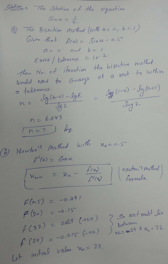 Salution Tha Solution of tho eguation Sin ve Ths Bisschion mothod (ith Gheom that few = Sinre- o,S a =o,bel ao o aul Eros/tal