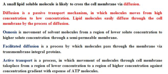 A small lipid soluble molecule is likely to cross the cell membrane via diffusion. Diffusion is a passive transport mechanism