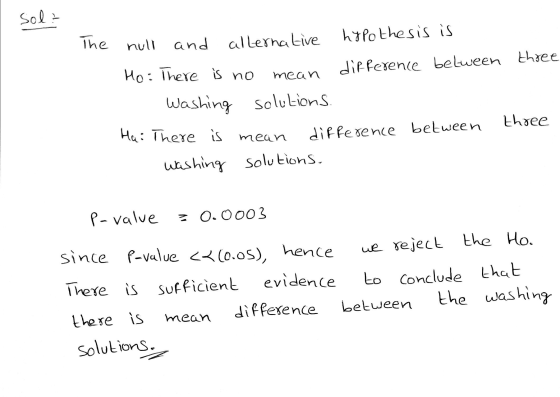 Sola The null mean and alternative hypothesis is Ho: There is no difference between three Washing solutions. Ha: There is dif