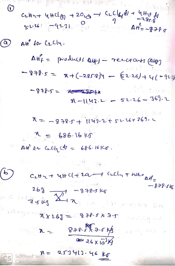 Catut u HCl + 2016 52.26 –92.31. oot a clue + 4H2 h 7 285. AH-8740 @ Ato for Cz Cly. Auf = products All - reactants Ann -878.