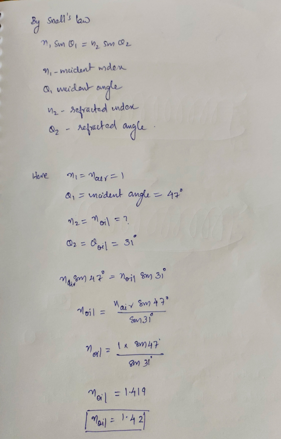 Snells law By n, Sim 0 = 3₂ smo n, - meident mden a, neident 2 - refracted enden refracted angle Here n = Nair=1 d, = incid