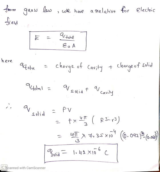 guass law from field who have a relation for Electric a total T EoA here a tota charge of of cavity + charge of solid utolal
