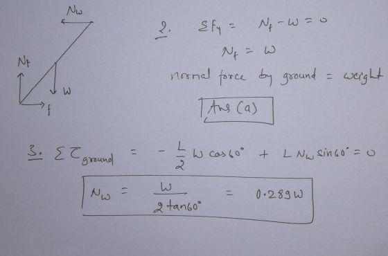 Nw 2. Efy = No-W=0 N = w normal force by ground = weight Ans (a) k 3. {T ground - - 1 3 w cas600 + L Nw singo = 0 بيا = 0.28