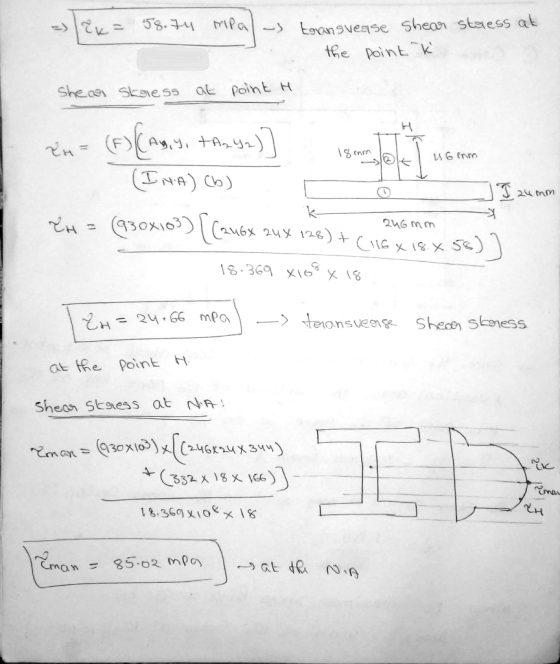 => /?k= 58.74 Mipal transvease shear stress at . the point k o Sheas skoless at point H 18 16mm 2x = (F) ((Amy, IA242) (INA)