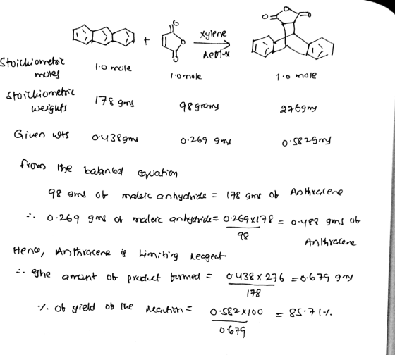 Xylene deniu 1.0 mole lomole 1.0 mole Stoichiometat mules stoichiometric weights 178 gms 98 grams 270gmy Given wts 0438gms 0